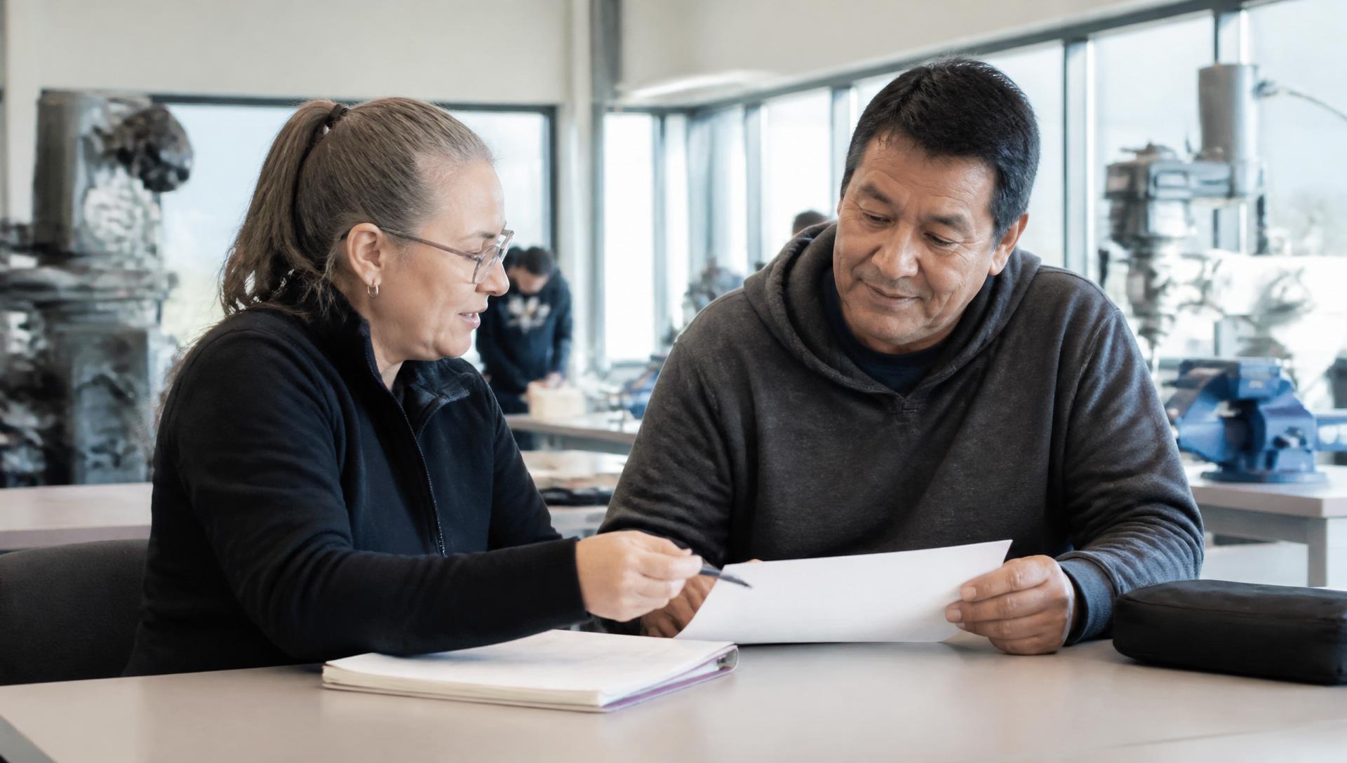 A student reviewing training funding options with an advisor